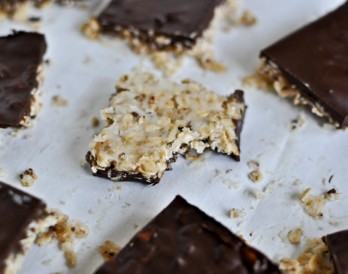 No Bake Chocolate-Drenched Coconut Oatmeal Squares